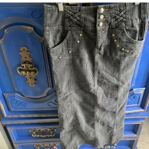 Vintage Lucy Denim Skirt Button Waist Rivet Large - Picture 1 of 4